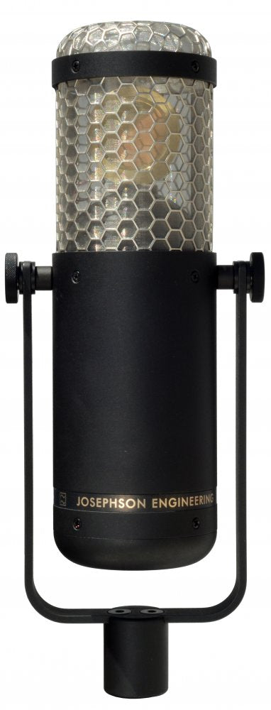Large-diaphragm microphone with hexagonal mesh grille and black body labeled Josephson Engineering.