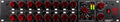 Front panel of a black audio mixer with red knobs, switches, and a level meter display on the right side.