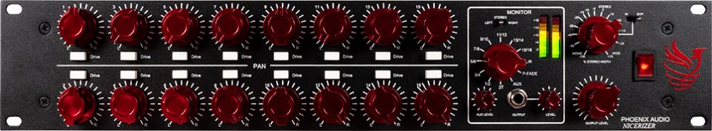 Front panel of a black audio mixer with red knobs, switches, and a level meter display on the right side.
