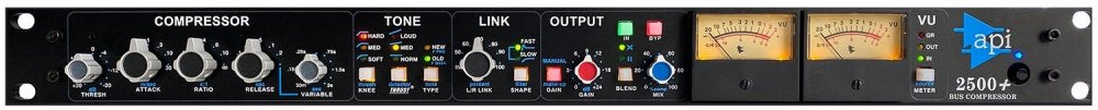 Front panel view of a black rackmount audio compressor with rotary knobs, switches, and a VU meter labeled api 2500+.