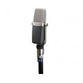 Silver and black microphone with a mesh grille and Sony branding on the upper front, mounted on a stand with an XLR connector.