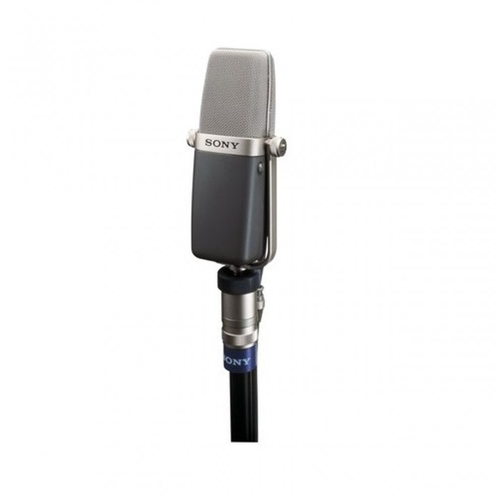 Silver and black microphone with a mesh grille and Sony branding on the upper front, mounted on a stand with an XLR connector.