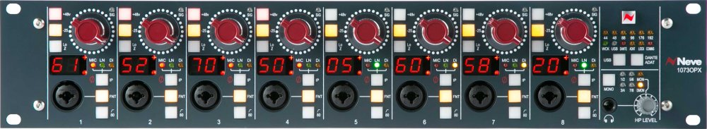 Front panel of a black audio preamp device with eight red rotary knobs and multiple combination input jacks.