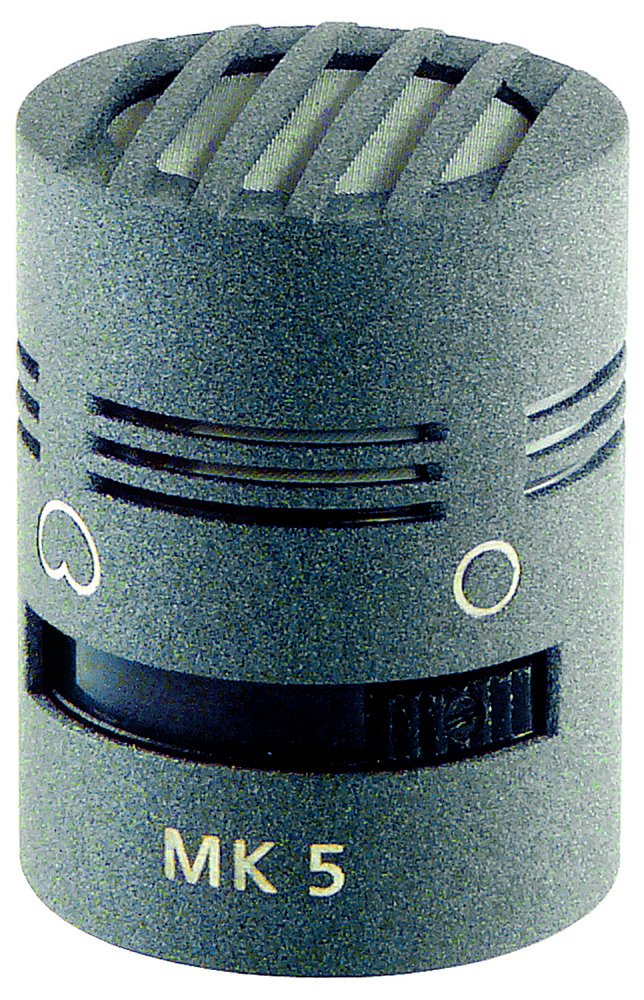 Dark gray metal microphone component with ventilation slots, a slider control, and 'MK 5' marking.