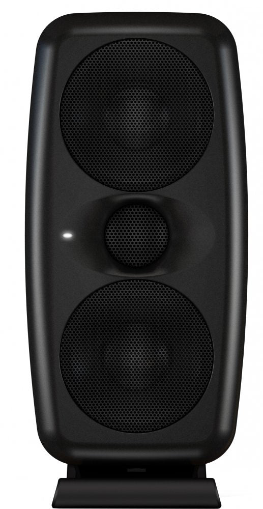 Front view of a black studio monitor speaker with three speaker grilles arranged vertically.