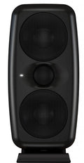Front view of a black studio monitor speaker with three speaker grilles arranged vertically.