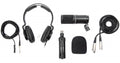 Black studio microphone with mount, headphones, foam windscreen, tripod, and cables on white background.