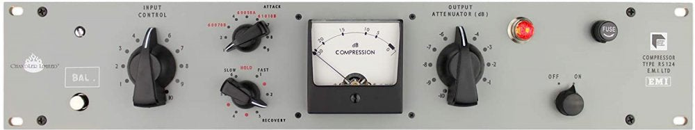 Front panel of a Chandler Limited RS124 compressor showing knobs, meter, and switches.