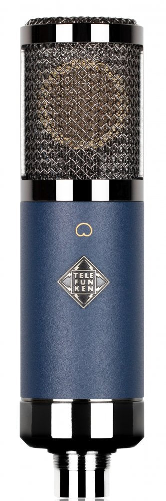 Blue and black metal microphone with mesh grille and TELEFUNKEN logo on body, shown front-facing.