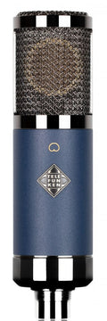 Blue and black metal microphone with mesh grille and TELEFUNKEN logo on body, shown front-facing.
