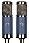 Two cylindrical microphones with blue bodies and metal mesh grilles shown side by side.