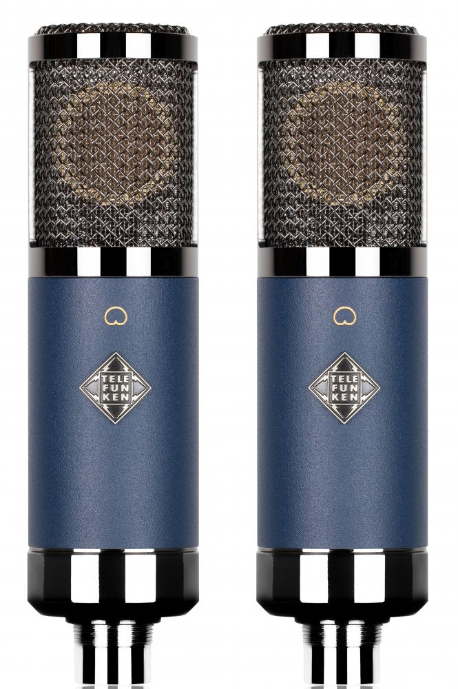 Two cylindrical microphones with blue bodies and metal mesh grilles shown side by side.