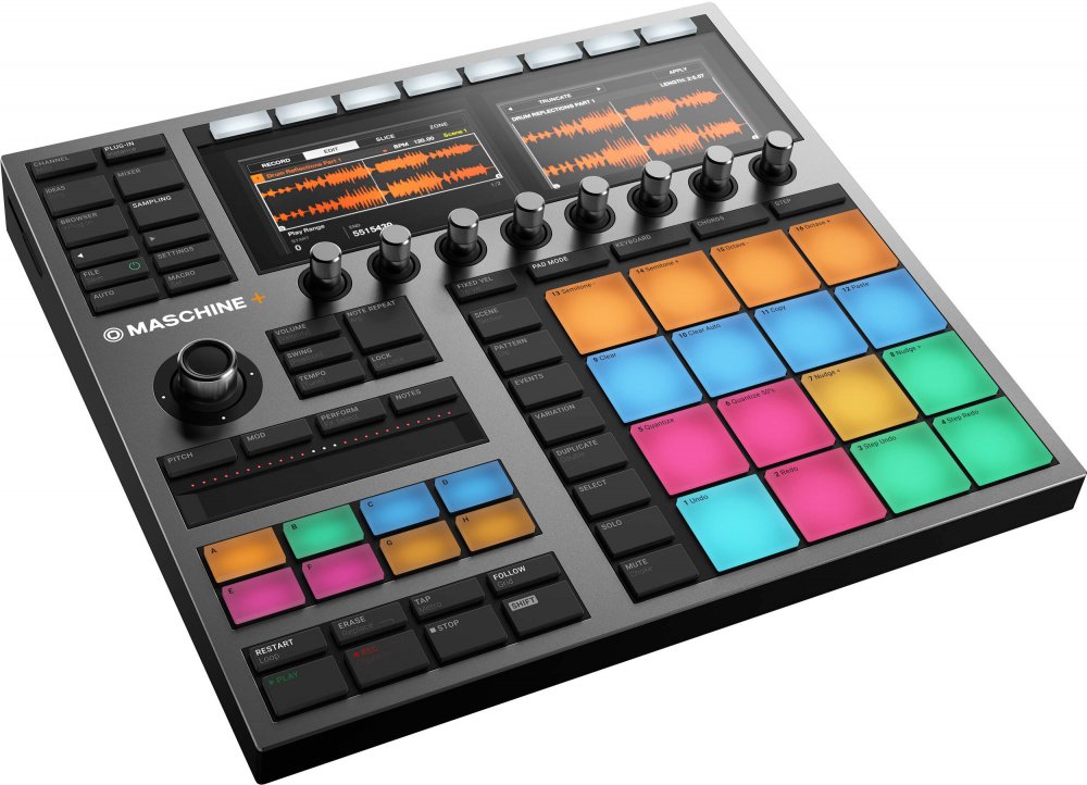 Black Native Instruments Maschine+ drum machine with colorful pads, knobs, buttons, two display screens, and various controls.