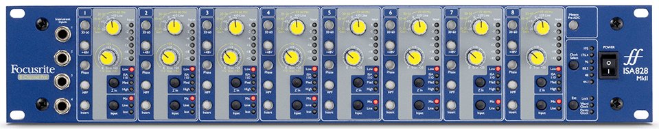 Blue rackmount audio equipment with multiple channels, knobs, switches, and input jacks labeled Focusrite ISA 828 MkII.