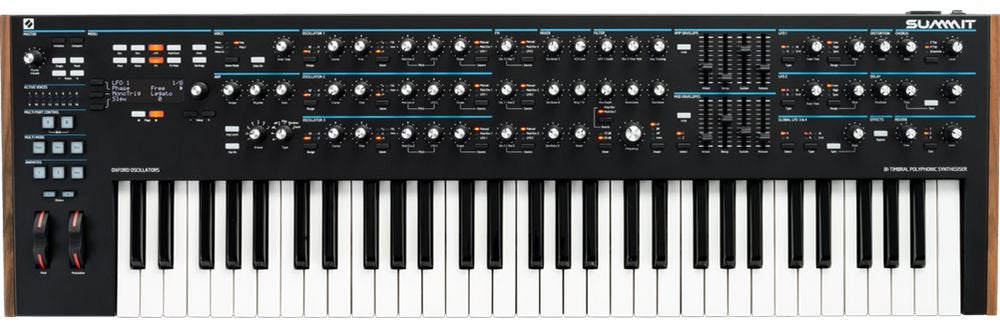 Black and wood synthesizer keyboard with multiple knobs, sliders, buttons, and a blue accent line across the top panel.