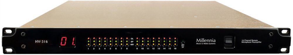 Front panel of a Millennia HV-316 16 channel remote microphone preamplifier with digital display and LED indicators.