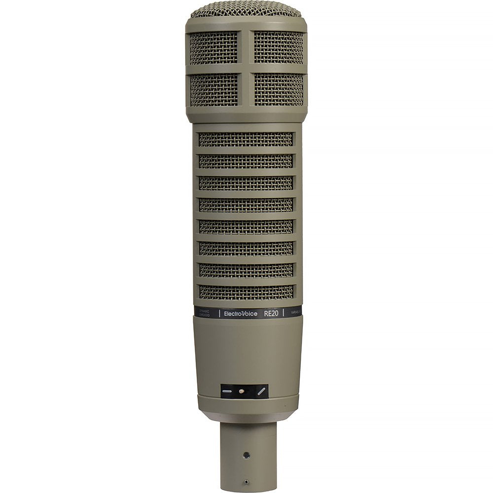 Gray Electro-Voice RE20 dynamic microphone with grille and switch visible from front.
