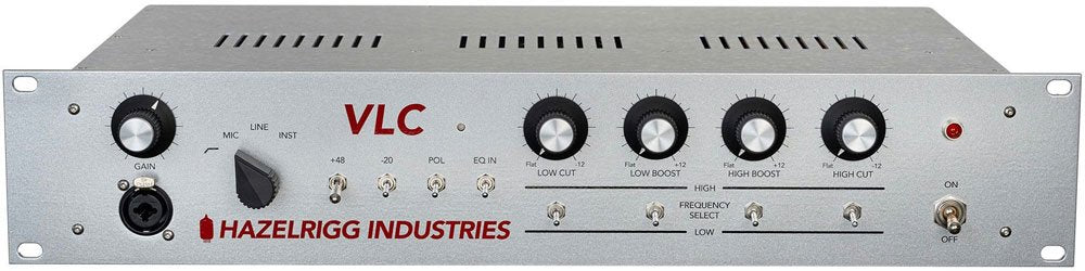 Metal audio preamp unit with multiple rotary knobs, toggle switches, a combo input jack, and labeled controls on front panel.
