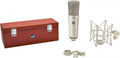 Silver cylindrical microphone with shock mount, mounting adapter, and a wooden carrying case with chrome latches.