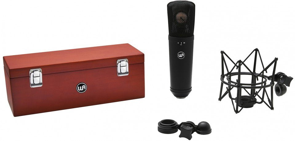 Black condenser microphone with shock mount, mount adapter, and wooden storage case shown on white background.