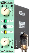 Studio audio processor module with treble and bass knobs, three push buttons, and a vacuum tube beside it.