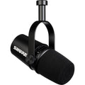 Black Shure microphone with foam windscreen and attached adjustable mount shown on white background.