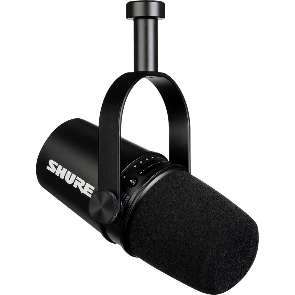 Black Shure microphone with foam windscreen and attached adjustable mount shown on white background.
