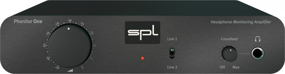 Front view of a black SPL Phonitor One headphone monitoring amplifier with controls and a headphone jack.
