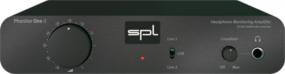 Front view of SPL Phonitor One d headphone monitoring amplifier with controls and headphone jack.