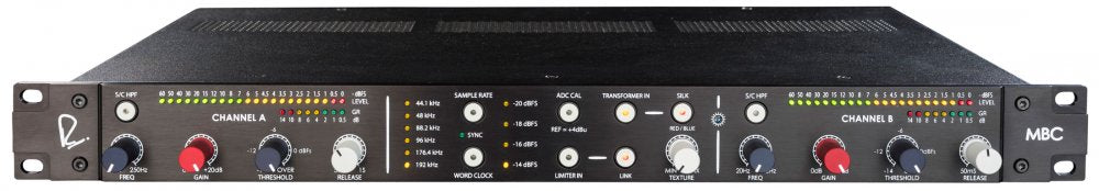 Front panel of a black audio converter device with dual channel controls and various knobs and indicator lights.