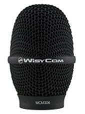 Black mesh microphone head grille with the Wisycom brand and MCM306 model text.