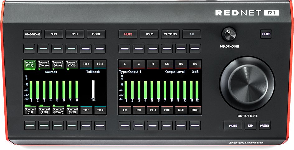 Black Focusrite RedNet R1 monitor controller with display screens, multiple buttons, and two large rotary knobs