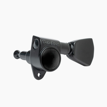 Single black guitar tuning machine with TonePros logo embossed on housing.