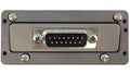 Metal panel with a multi-pin connector and four screws on each corner.