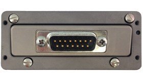 Metal panel with a multi-pin connector and four screws on each corner.