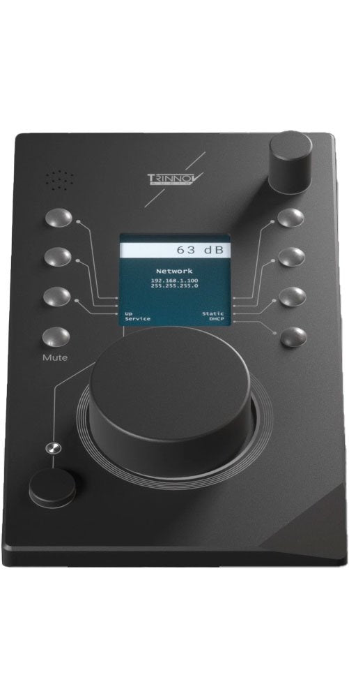 Black remote control device with buttons, rotary dials, and a small screen showing network and volume info.