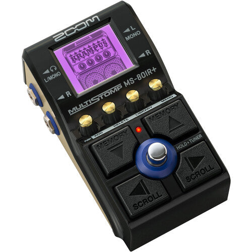 Black Zoom Multistomp MS-80IR+ pedal with display screen, four gold knobs, and multiple footswitch buttons.