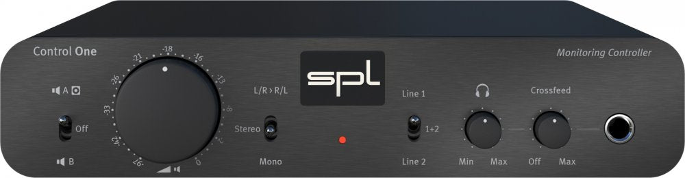 Front panel of a black SPL Control One monitor controller with various knobs, switches, and a headphone jack.