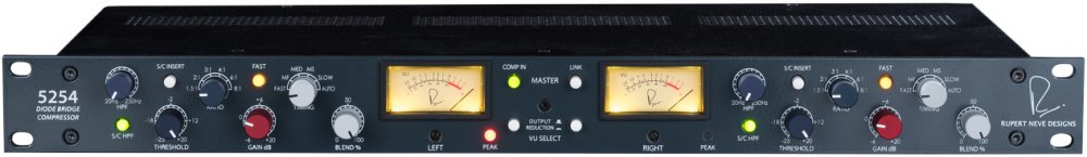 Front panel of a Rupert Neve Designs 5254 audio compressor with knobs, switches, meters, and indicators.