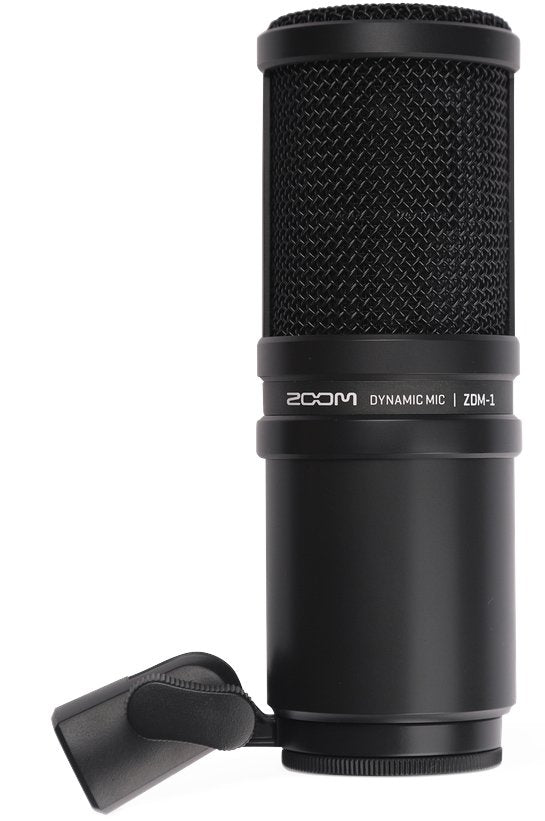 Black Zoom ZDM-1 dynamic microphone with attached rotatable mount shown upright on white background.