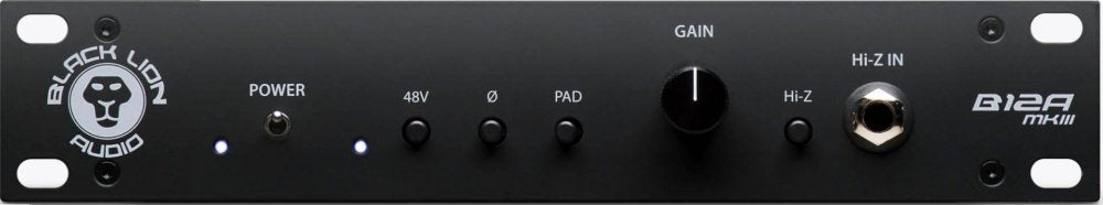 Front panel of a Black Lion Audio B12A MKIII device with power indicator, switches, gain knob, and Hi-Z input jack.