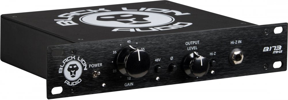 Black Lion Audio B173 MkII audio device with gain and output level knobs, toggle switch, and 1/4 inch Hi-Z input jack.