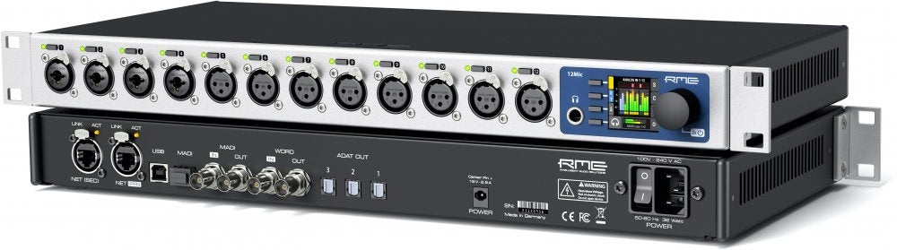 Rackmount audio preamp unit with 12 combo XLR-1/4" inputs, digital connections, display, and rotary control knob.