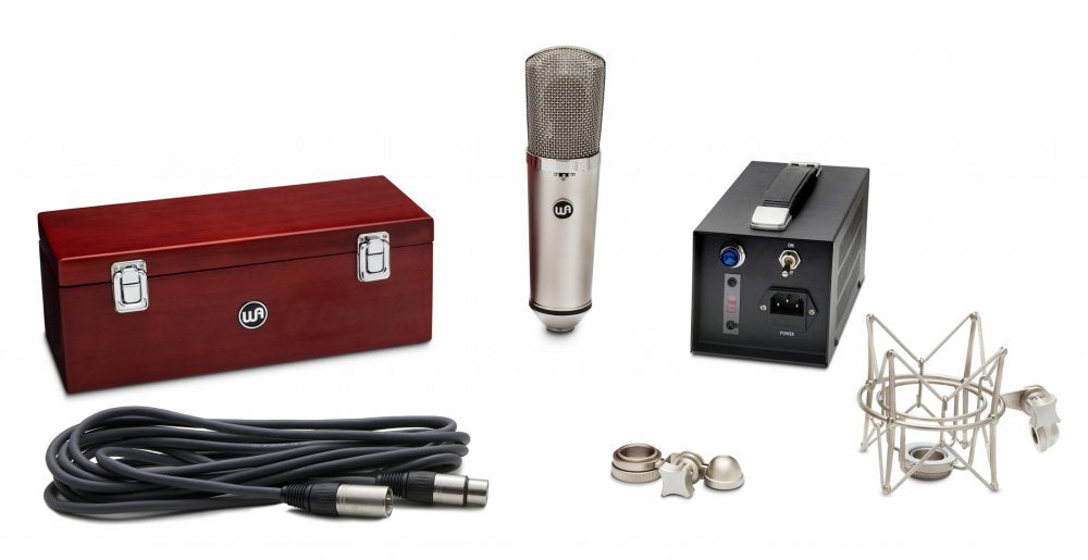 Studio microphone with wooden box, power supply, XLR cable, shock mount, and mounting accessories on white background.