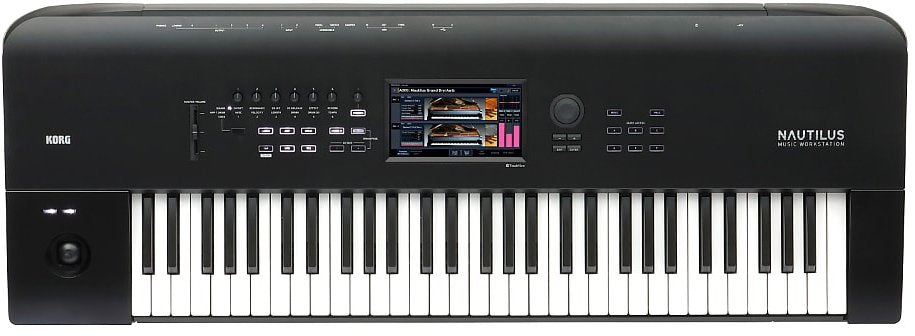 Black keyboard synthesizer with 61 keys, touchscreen, joystick, wheel, knobs, and buttons.