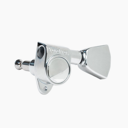 Single chrome guitar tuning machine with mounting holes and tuning peg visible.