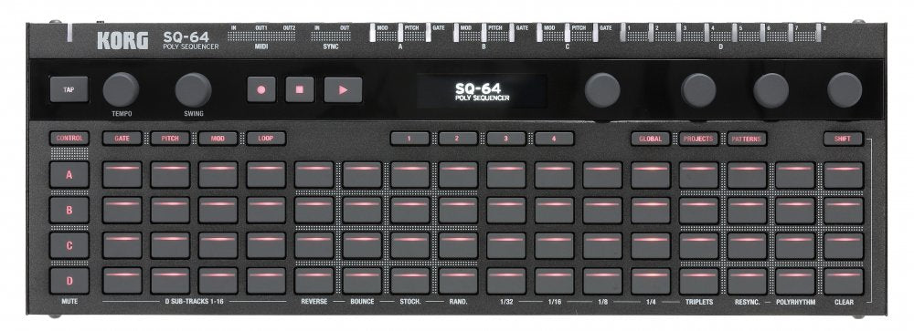 Top view of a black KORG SQ-64 polyphonic sequencer with buttons, knobs, screen, and multiple connectors.