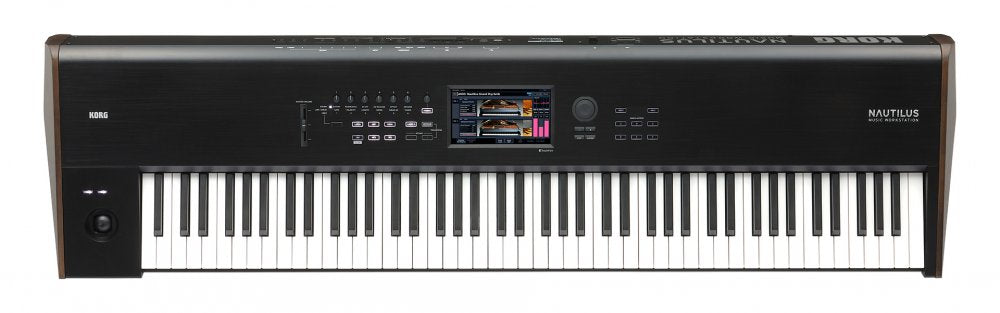 Black and white 88-key synthesizer keyboard with touchscreen and control buttons on top panel.