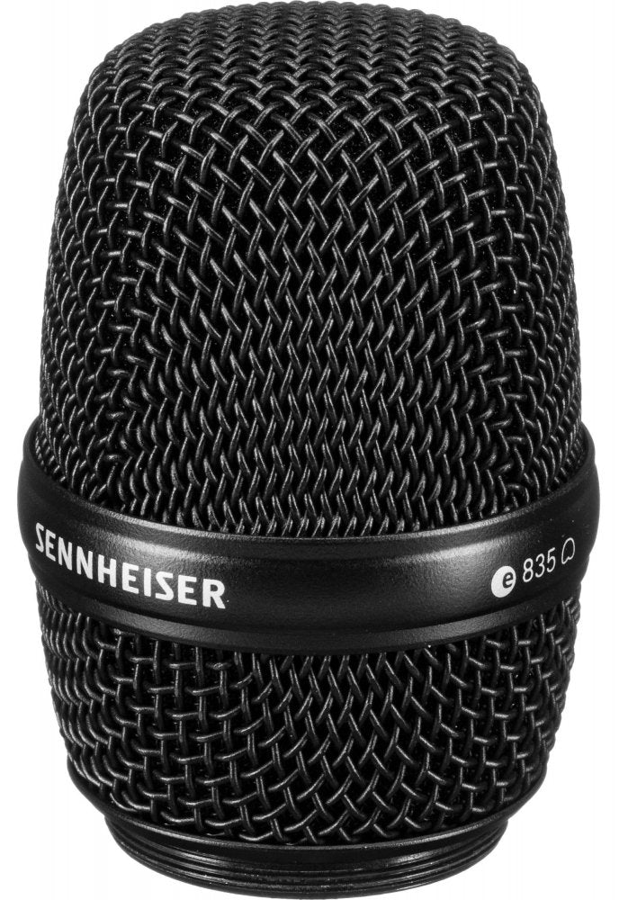 Close-up of a black metal microphone grille head with SENNHEISER branding and model e 835 inscription.