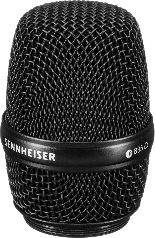 Close-up of a black Sennheiser microphone capsule grille with white branding text.